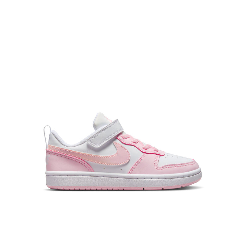 Kids low-top sneakers in white and pink foam, with hook-and-loop strap
