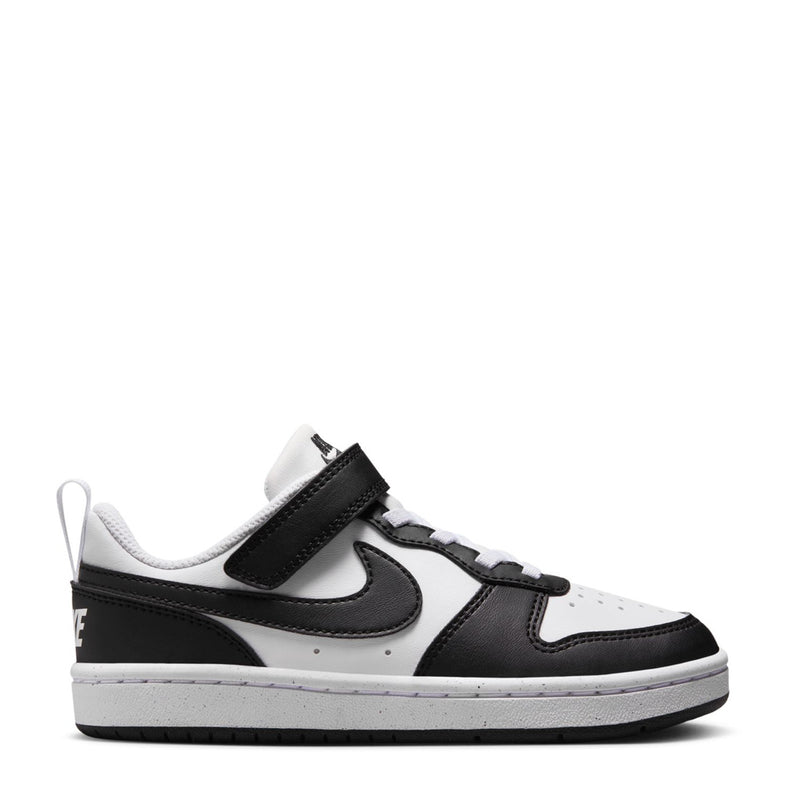 Kids low-top sneakers, white and black leather with Nike swoosh and hook strap