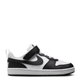 Kids low-top sneakers, white and black leather with Nike swoosh and hook strap