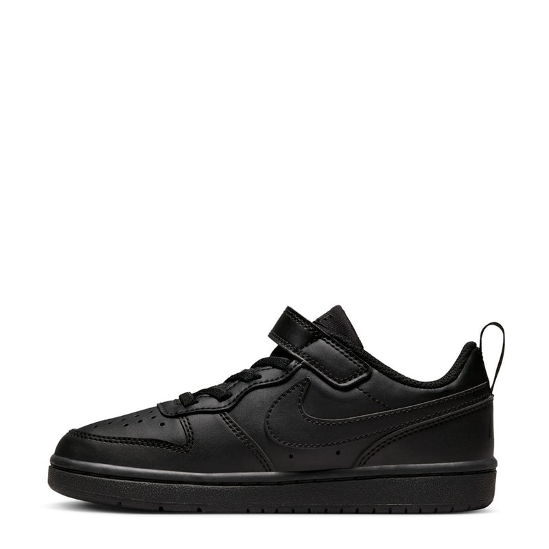 Kids black low sneakers, side view with swoosh logo and double strap detail