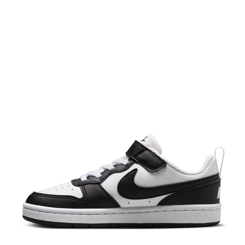 Kids low-top sneakers, white and black colorblocked design with Nike swoosh