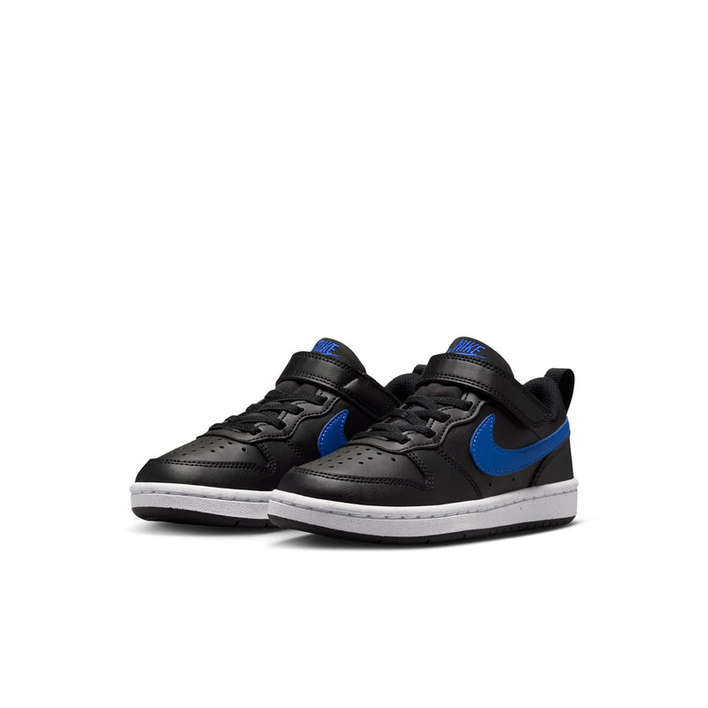 Kids low-top sneakers, black and blue panels with white midsole, lace-up style