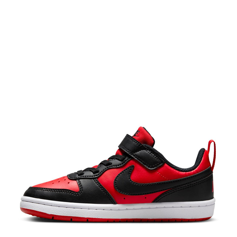 Kids low-top sneakers, red and black with hook-and-loop strap and white sole