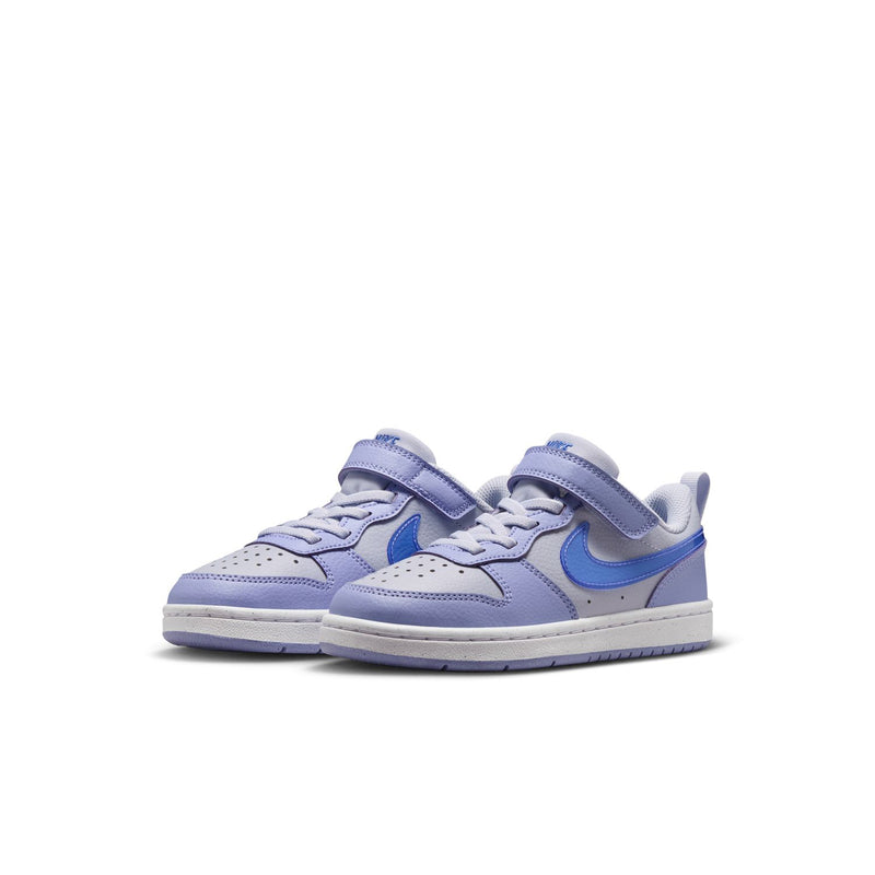 Kids low-top sneakers, side view, light purple and blue with velcro strap