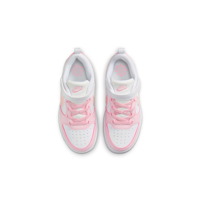 Kids low-top sneakers, pair view from front in white with pink laces and straps