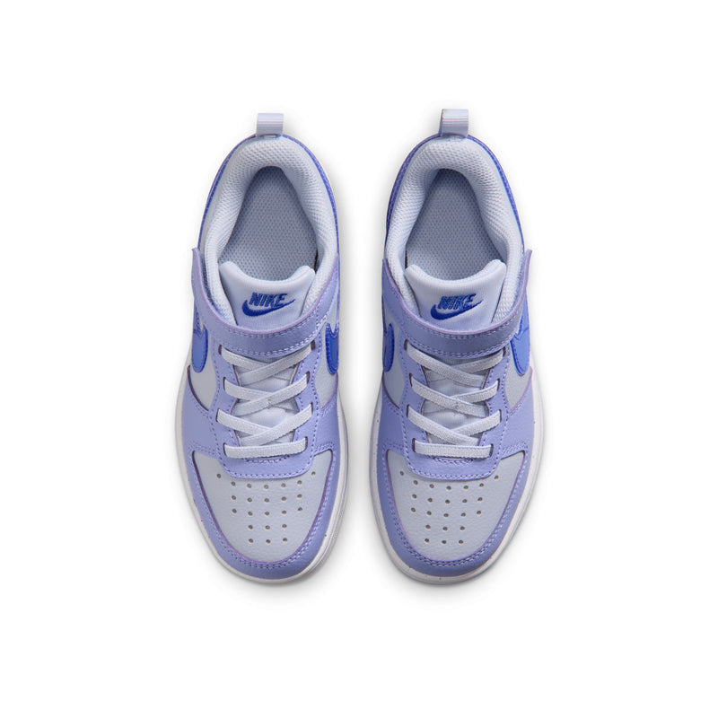 Kids sneakers with blue swoosh and lace-up front, light purple upper