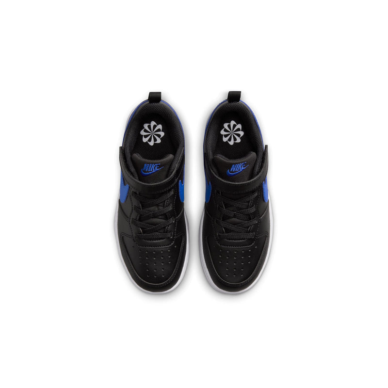 Kids sneakers top view pair, black uppers with blue accents and white midsoles