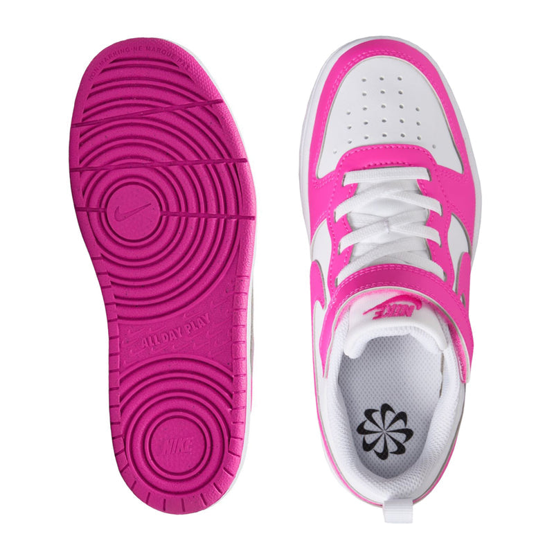 Kids sneakers outsole and toe view: pink rubber sole with white interior and laces.