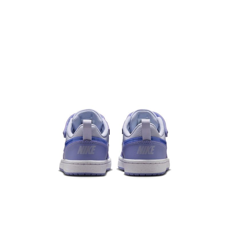 Kids sneakers rear view with heel tab and light purple upper