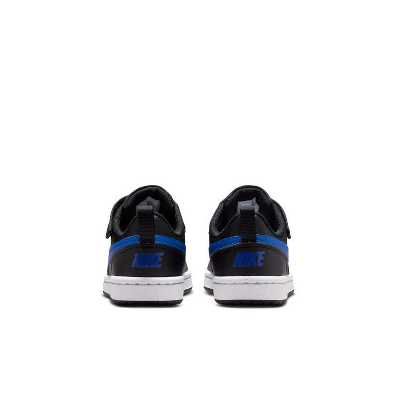 Kids sneakers heel view pair, black with blue heel detail and white outsole edge