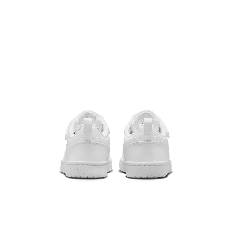 White kids sneakers, heel view with rear panel and padded collar