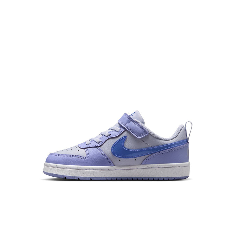 Kids low-top sneakers, angled side view, light purple and blue swoosh