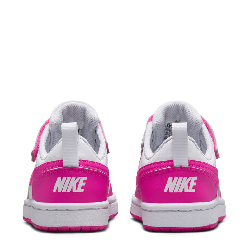Kids back view sneakers: white uppers with fuchsia NIKE heel tab and cushioned collar.
