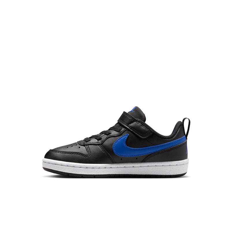 Kids low-top sneakers with black leather-look upper, blue swoosh, white midsole