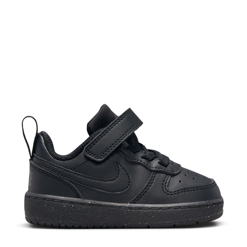 Black toddler low-top sneakers with hook-and-loop strap and Nike Swoosh