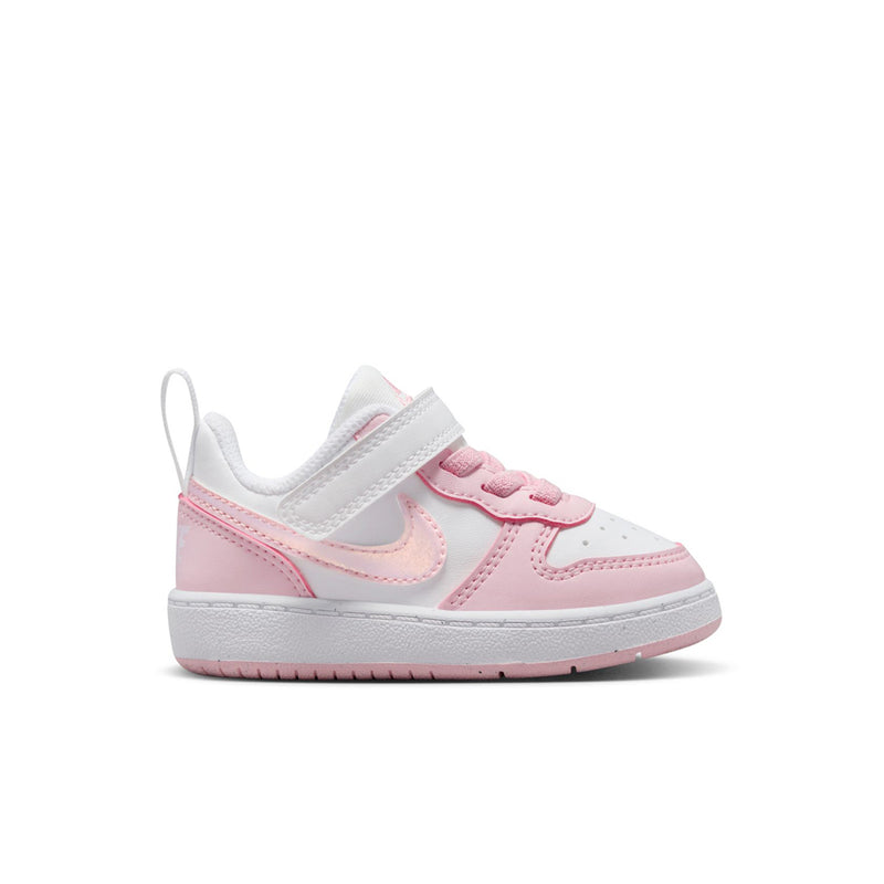 Toddler low-top sneakers, white and pink with hook-and-loop straps and padded collar.