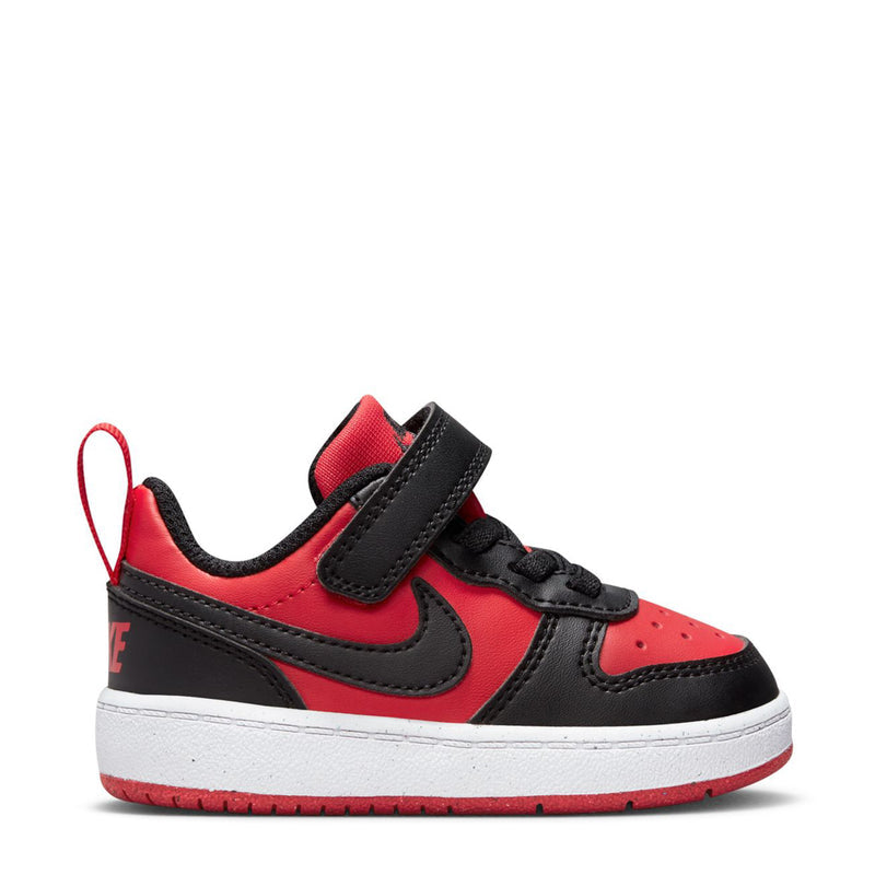 Toddler low-top sneakers in red, black, and white with hook-and-loop strap
