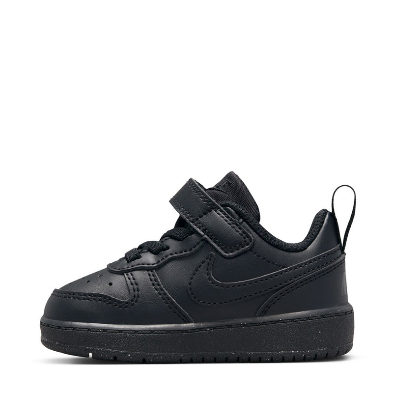 Black toddler low-top sneakers, side view with hook-and-loop strap and laces