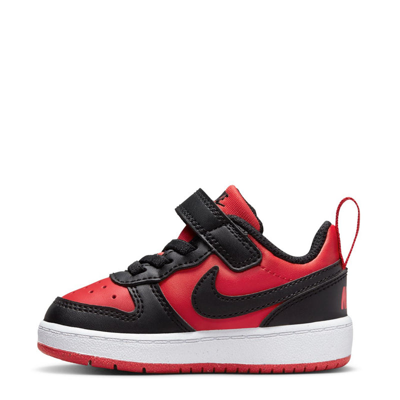 Toddler red and black low-top sneakers with Velcro strap and black swoosh