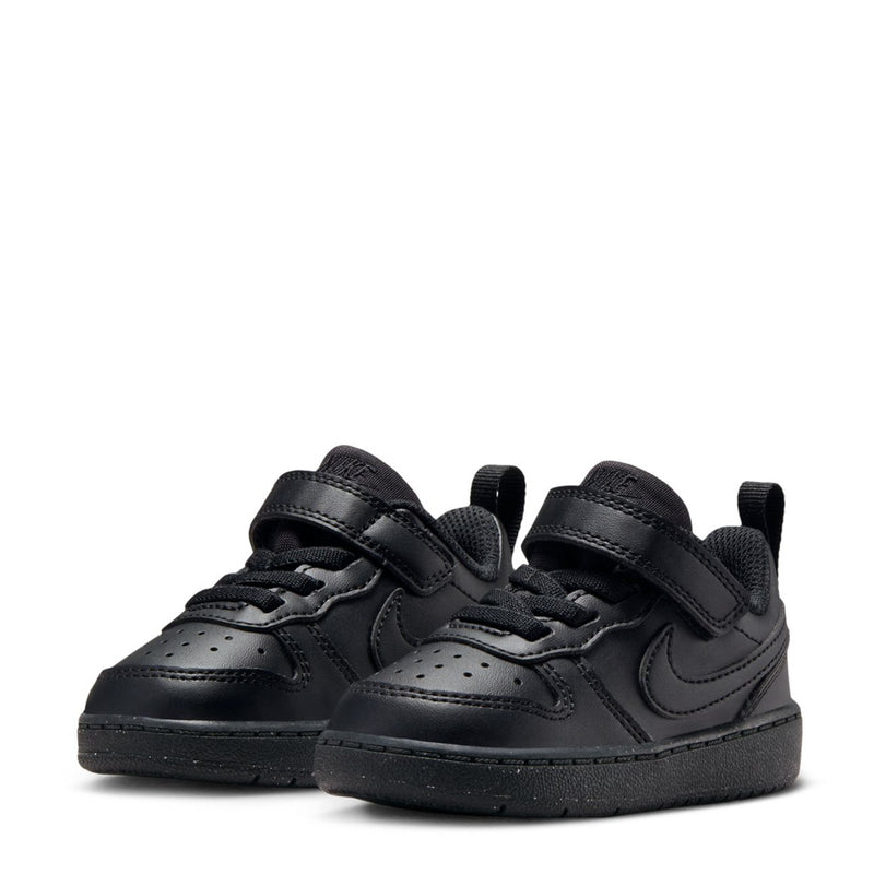 Black toddler low-top sneakers, front view with hook-and-loop strap and laces