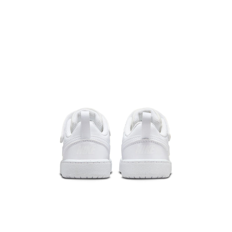 Toddler white sneakers, back view with padded heel and rear seam detail