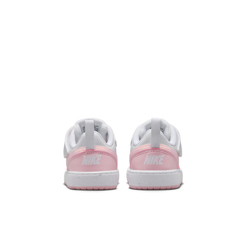 Toddler sneakers heel view, white leather with pink heel tab and Nike logo on back.