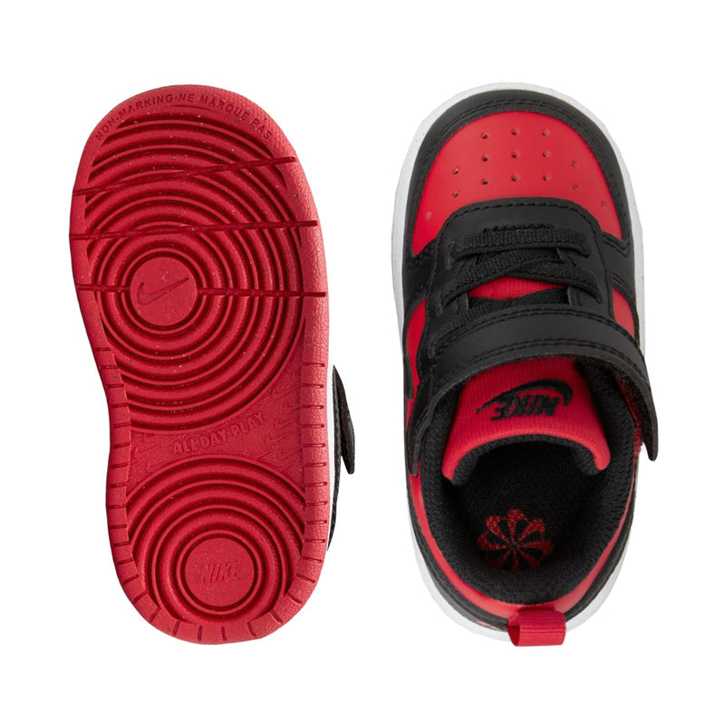 Toddler sneaker outsoles: red traction sole and gray-white side view with strap