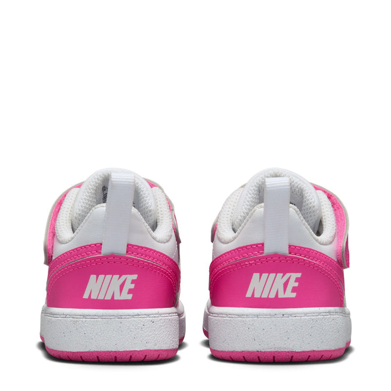Toddler sneaker heel view with white uppers, fuchsia heel stripe, and Nike branding.