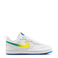 Youth low-top sneakers with white leather, yellow swoosh, green trim, and blue outsole