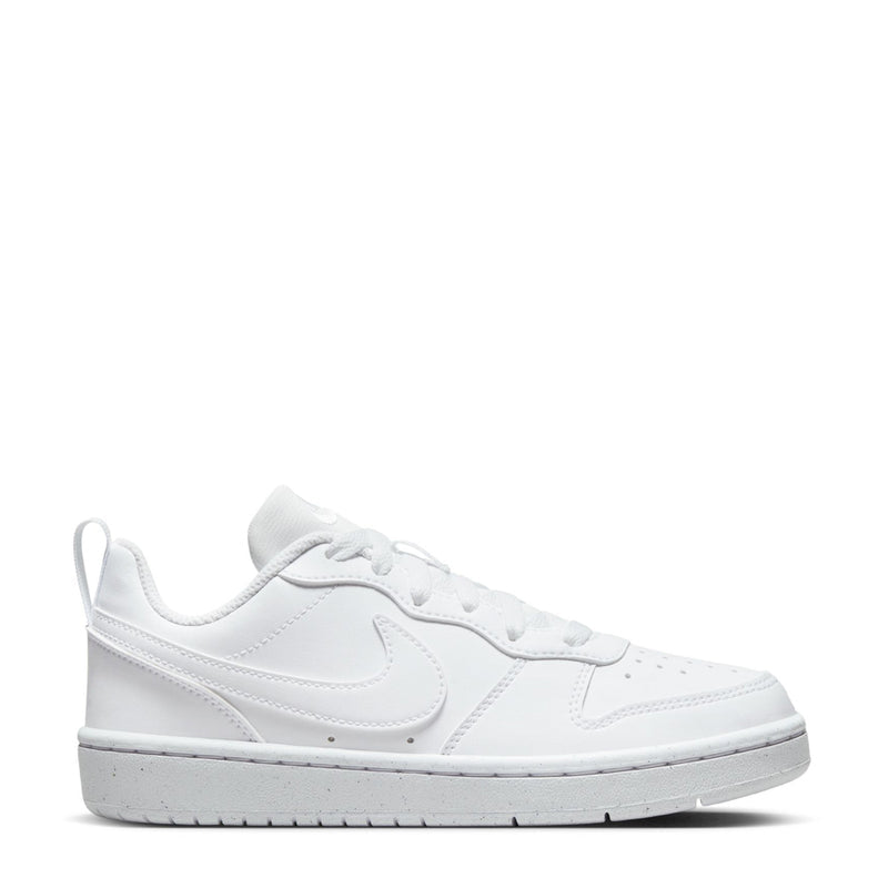 Youth white low-top sneaker with side swoosh and lace-up design