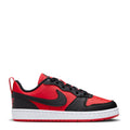 Youth low-top sneakers in red, black, and white with black Swoosh and lace-up front