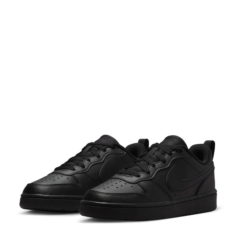 Pair of youth black low-top sneakers with lace-up fronts and Nike swooshes on sides.