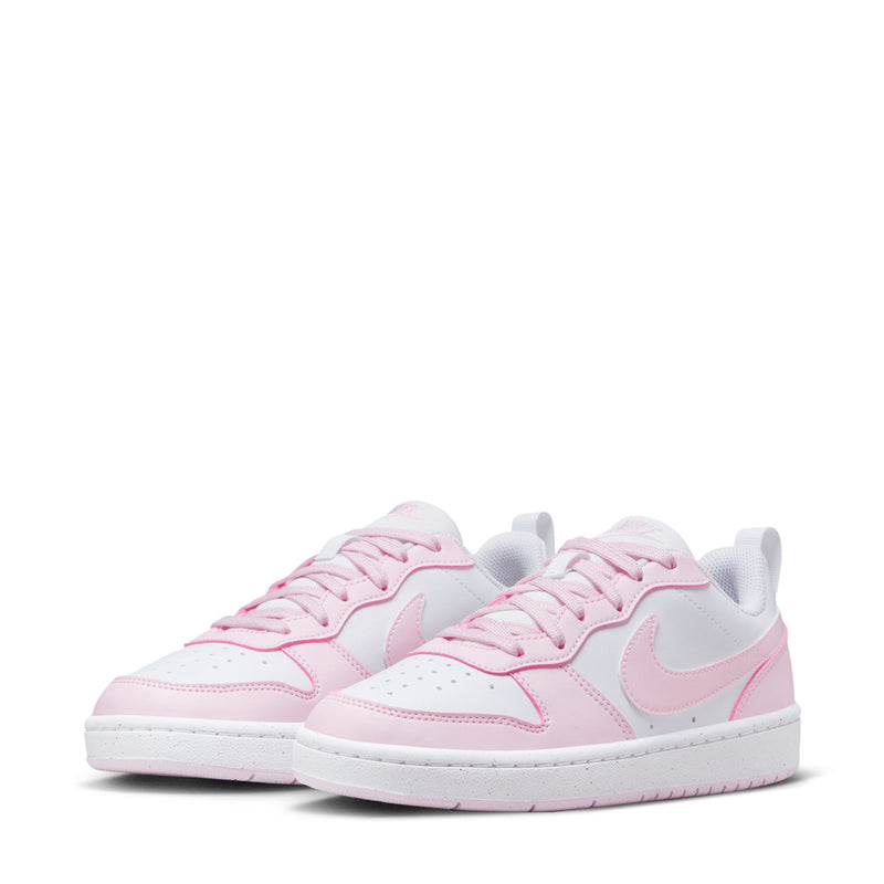Pair of youth low-top sneakers, white base with pink panels and lace-up design