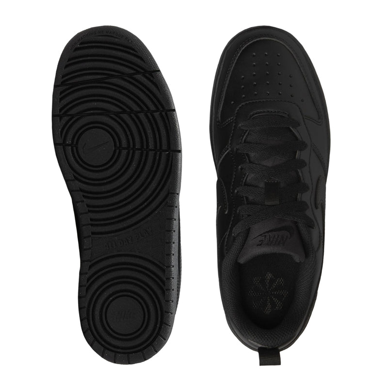 Youth sneaker soles shown, black outsole tread and black insole with lace eyelets.