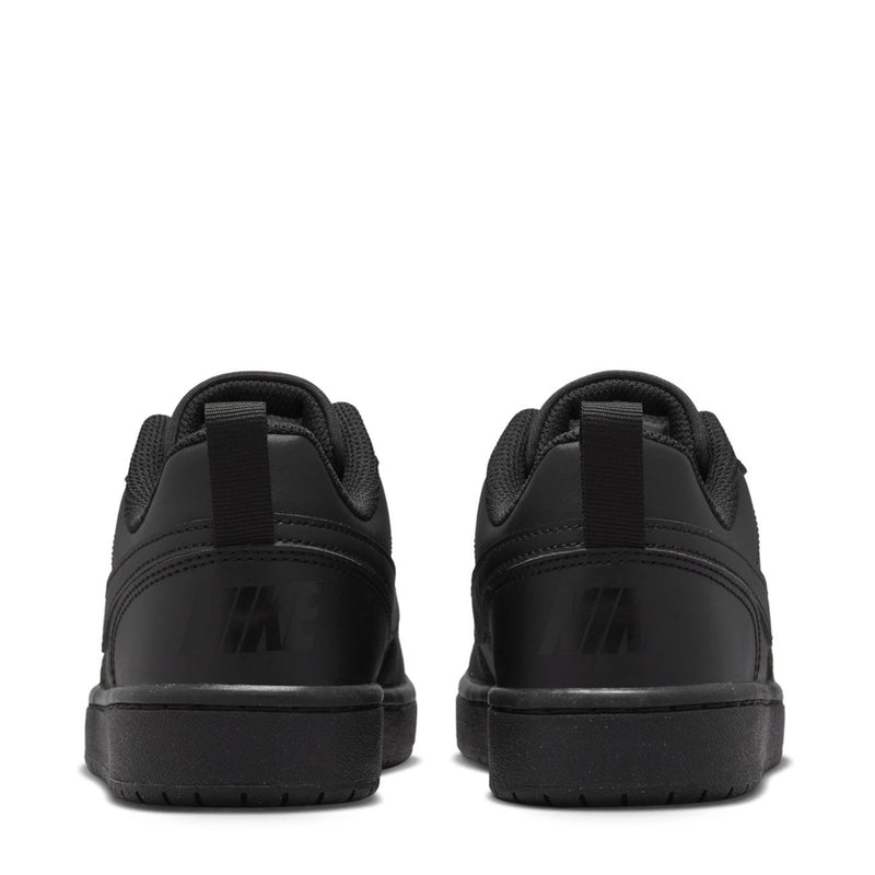 Youth black low-top sneaker heels with padded collar and black lace loops.