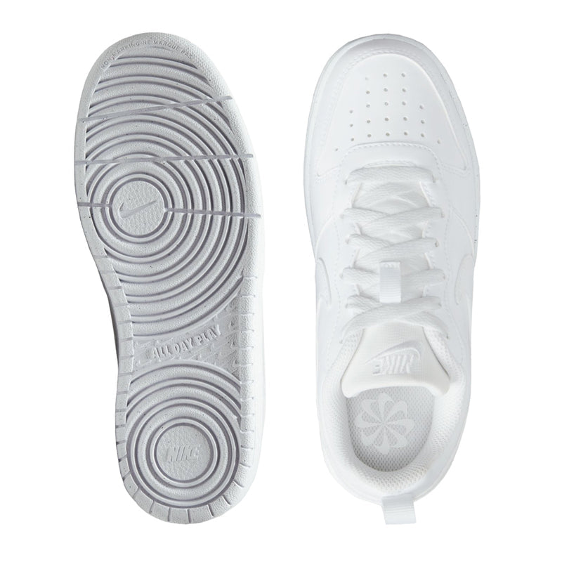 Youth white sneaker outsoles and inner side profile view