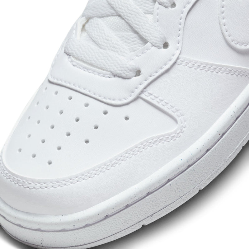 Youth white sneaker upper with perforations, stitching, and lace eyelets