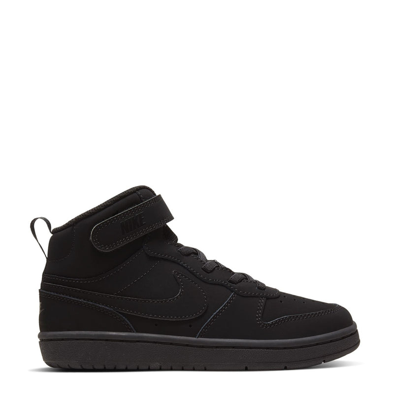 Kids black mid-top sneakers with Velcro strap and lace-up closure, Nike Swoosh