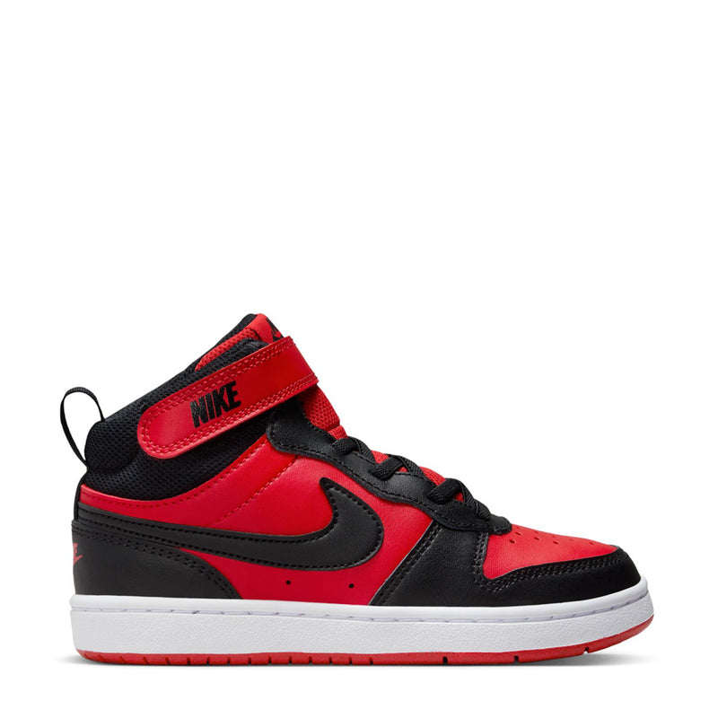 Kids mid-top sneakers in red, black, and white with Nike logo and hook-and-loop strap