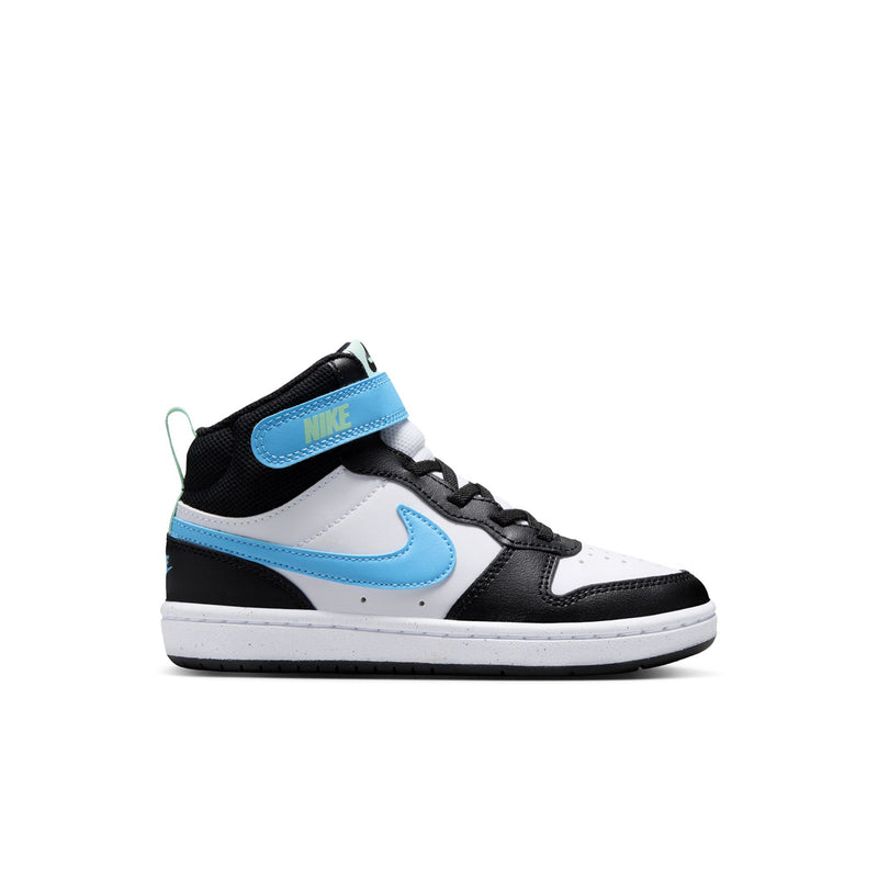 Kids mid-top sneakers in white, black, and light blue with Nike swoosh detail