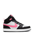 Kids mid-top sneakers with black, white, and pink panels and lace-up closure