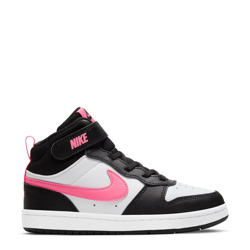 Kids mid-top sneakers with black, white, and pink panels and lace-up closure