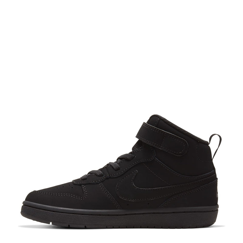 Kids black mid-top sneakers with hook-and-loop strap, lace-up front, Nike Swoosh