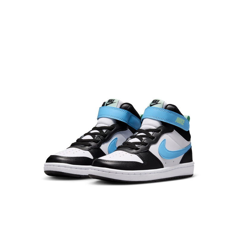 Pair of kids mid-top sneakers with light blue straps, Nike swoosh, white and black