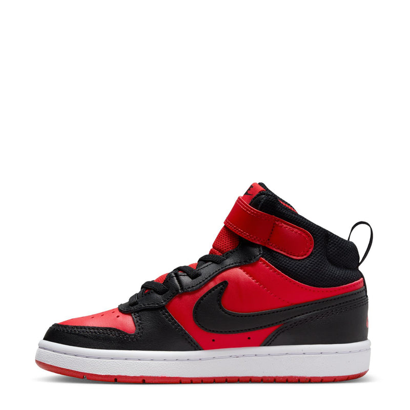 Kids mid-top sneakers, side view, red and black with Nike swoosh and Velcro strap
