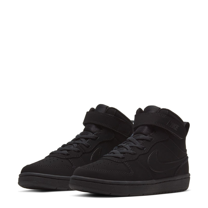Kids black mid-top sneakers, lace-up front and Velcro strap, Nike Swoosh, pair view
