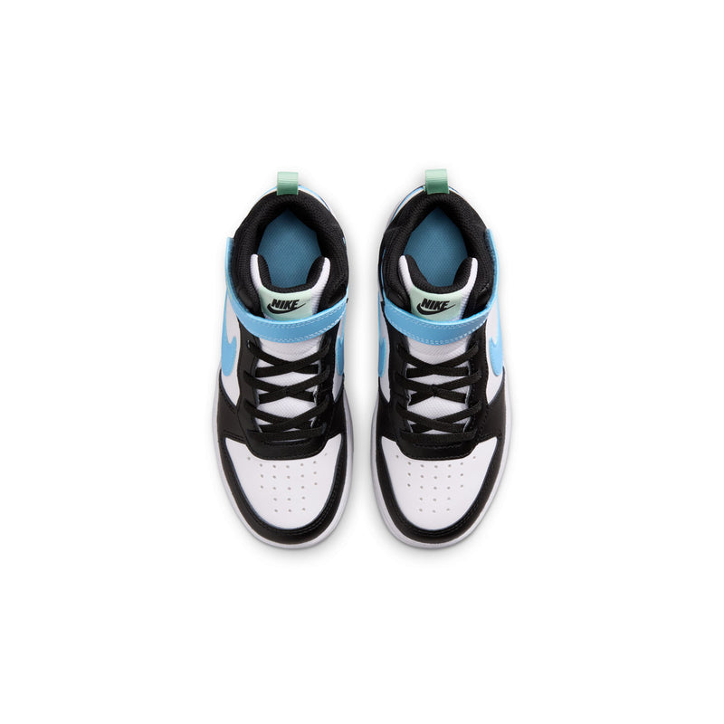 Kids mid-top sneakers with white toe panels, black laces, and light blue Nike logos