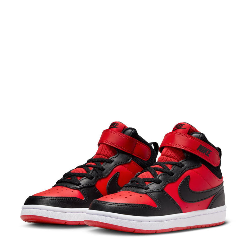 Kids high-top sneakers, front view, red and black with Nike swoosh and lace-up
