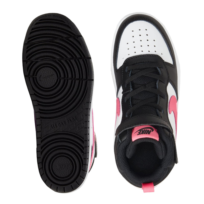 Kids mid-top sneakers: black outsole and white vamp with pink accents