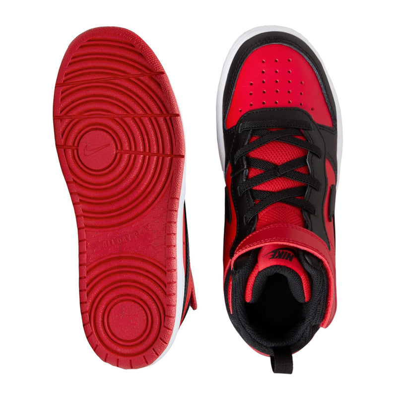Kids sneakers outsole and toe view in red and black with perforated toe panel